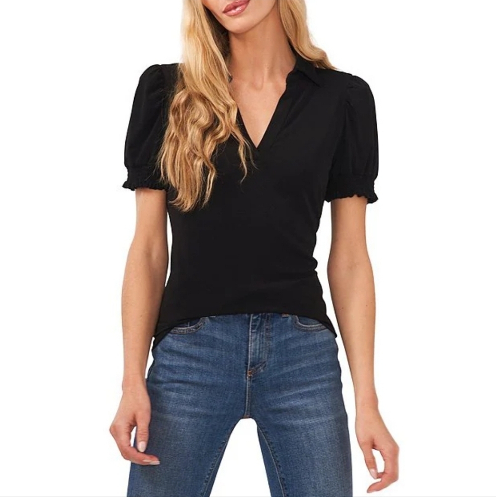 Navy Blue Crepe Knit Point Collar V-Neck Short Puffed Sleeve Shirt